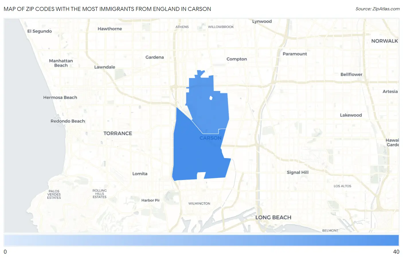 Zip Codes with the Most Immigrants from England in Carson Map