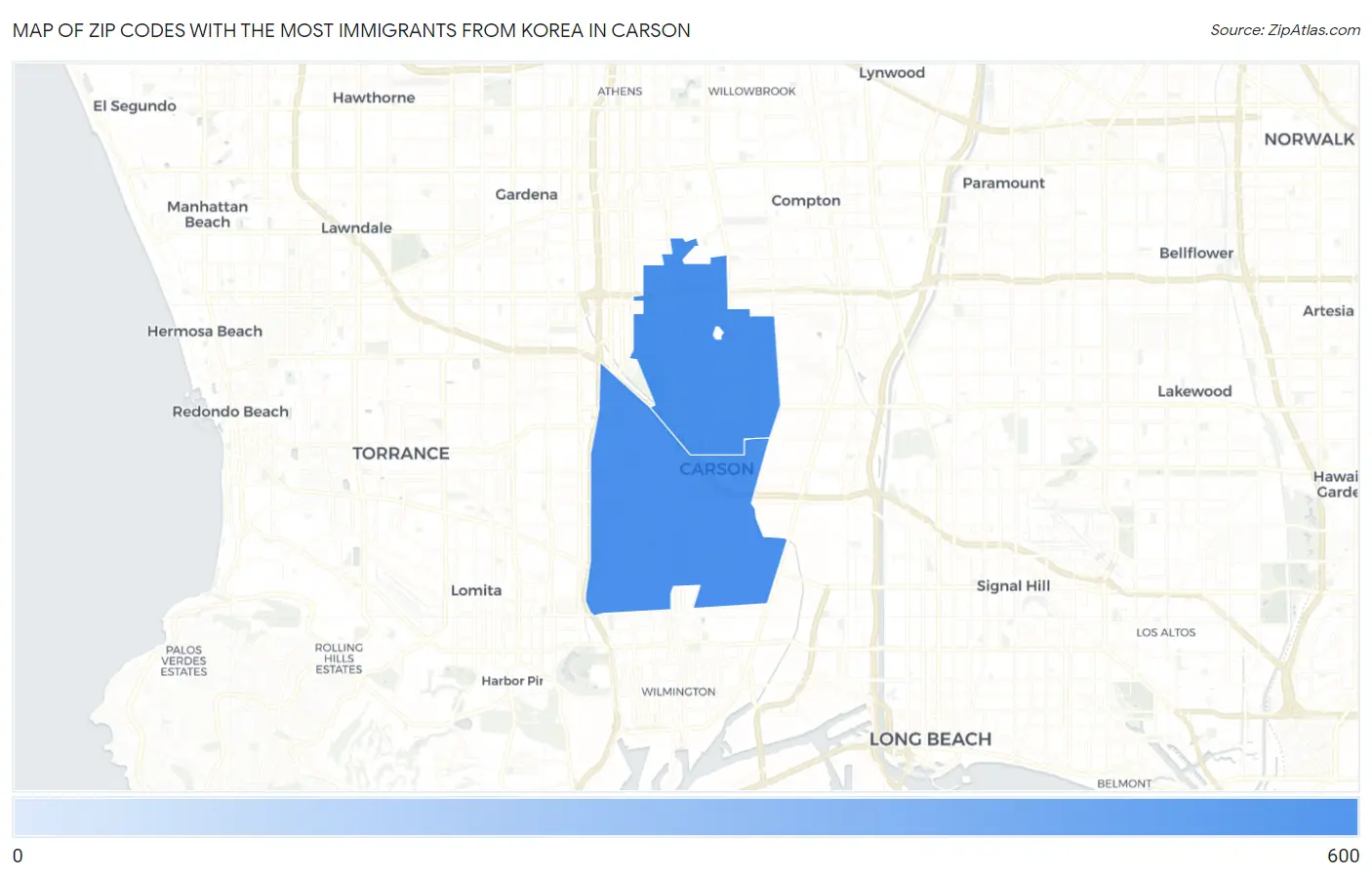 Zip Codes with the Most Immigrants from Korea in Carson Map