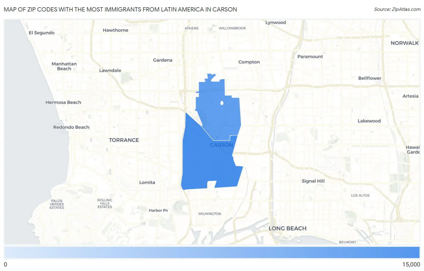 Zip Codes with the Most Immigrants from Latin America in Carson Map
