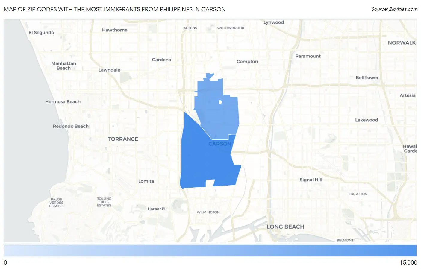 Zip Codes with the Most Immigrants from Philippines in Carson Map