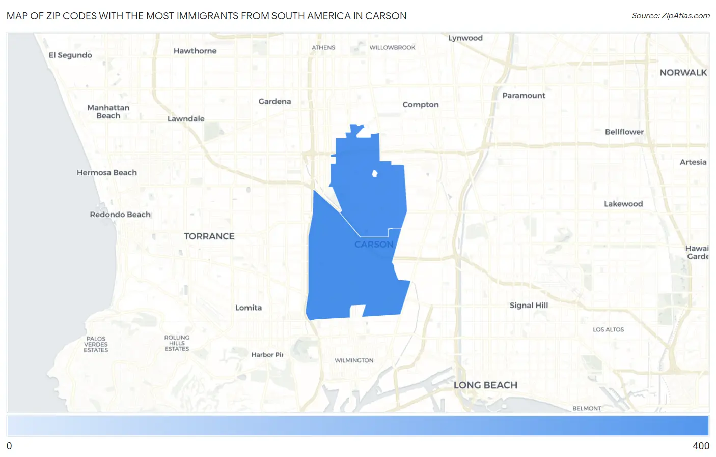 Zip Codes with the Most Immigrants from South America in Carson Map