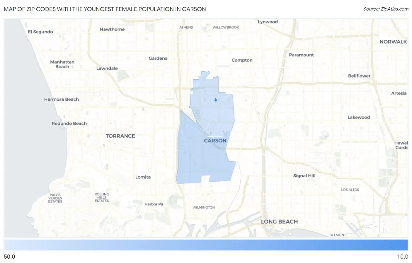 Zip Codes with the Youngest Female Population in Carson Map