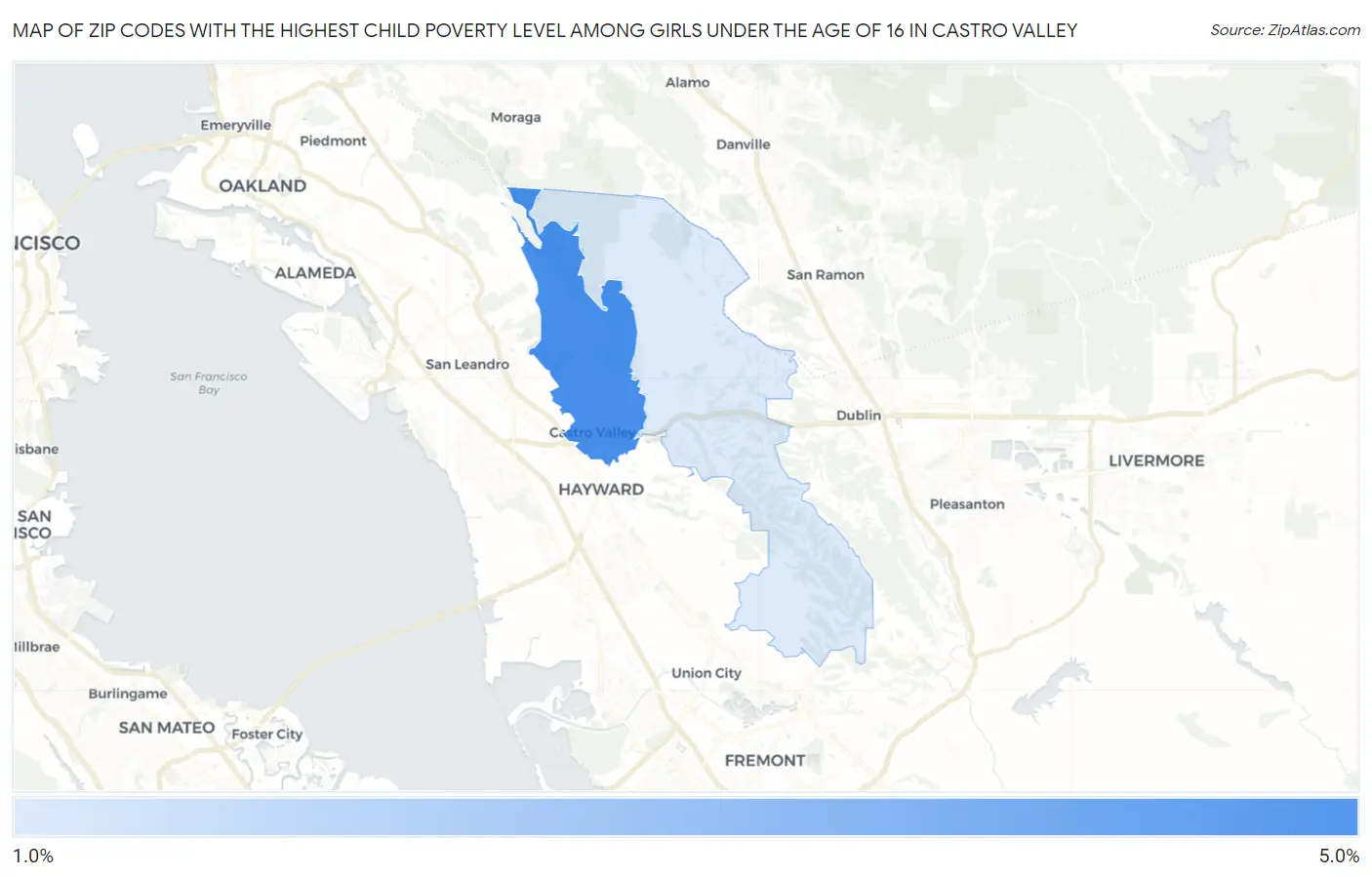 Zip Codes with the Highest Child Poverty Level Among Girls Under the Age of 16 in Castro Valley Map