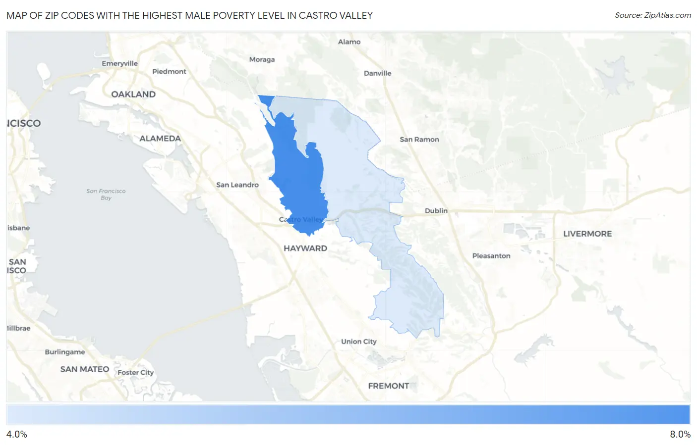 Zip Codes with the Highest Male Poverty Level in Castro Valley Map