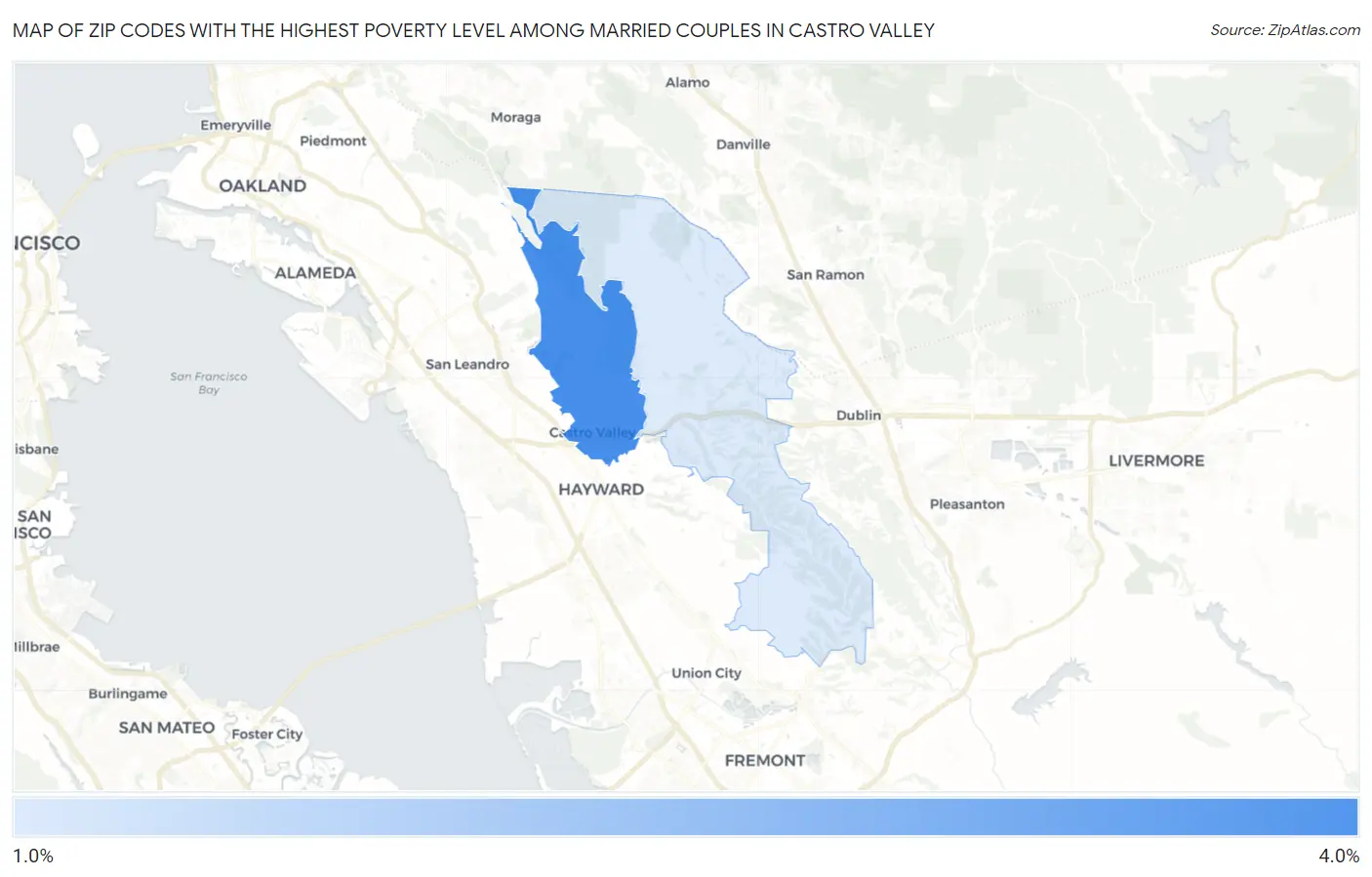 Zip Codes with the Highest Poverty Level Among Married Couples in Castro Valley Map