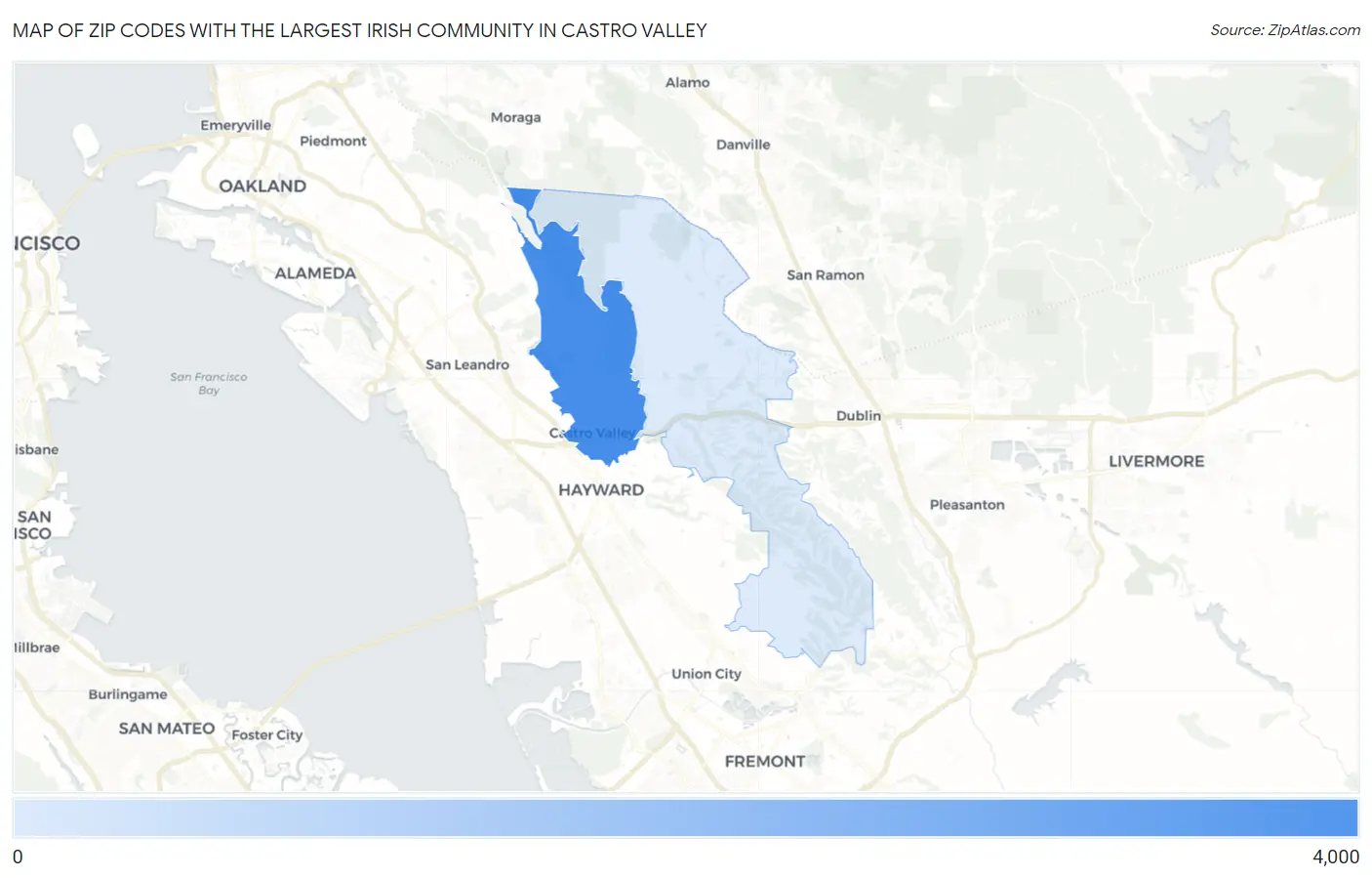 Zip Codes with the Largest Irish Community in Castro Valley Map