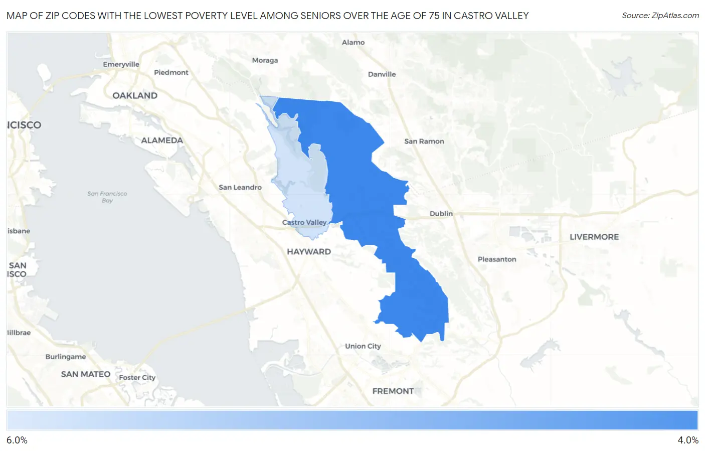 Zip Codes with the Lowest Poverty Level Among Seniors Over the Age of 75 in Castro Valley Map