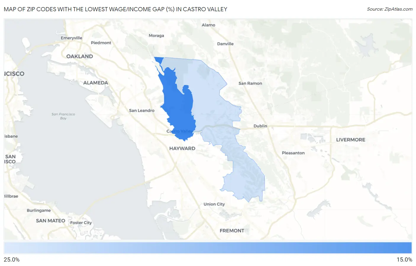 Zip Codes with the Lowest Wage/Income Gap (%) in Castro Valley Map