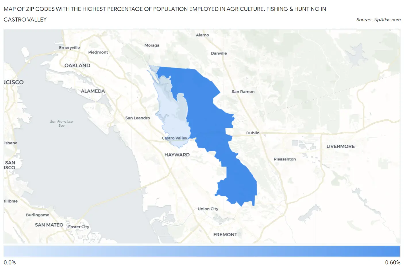Zip Codes with the Highest Percentage of Population Employed in Agriculture, Fishing & Hunting in Castro Valley Map