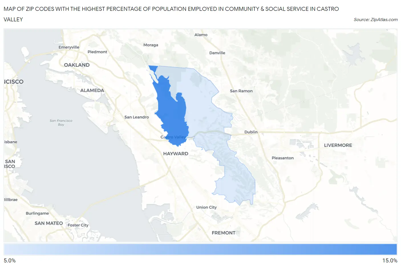 Zip Codes with the Highest Percentage of Population Employed in Community & Social Service  in Castro Valley Map