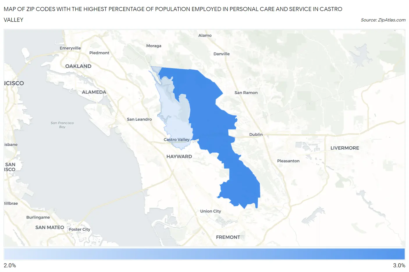 Zip Codes with the Highest Percentage of Population Employed in Personal Care and Service in Castro Valley Map