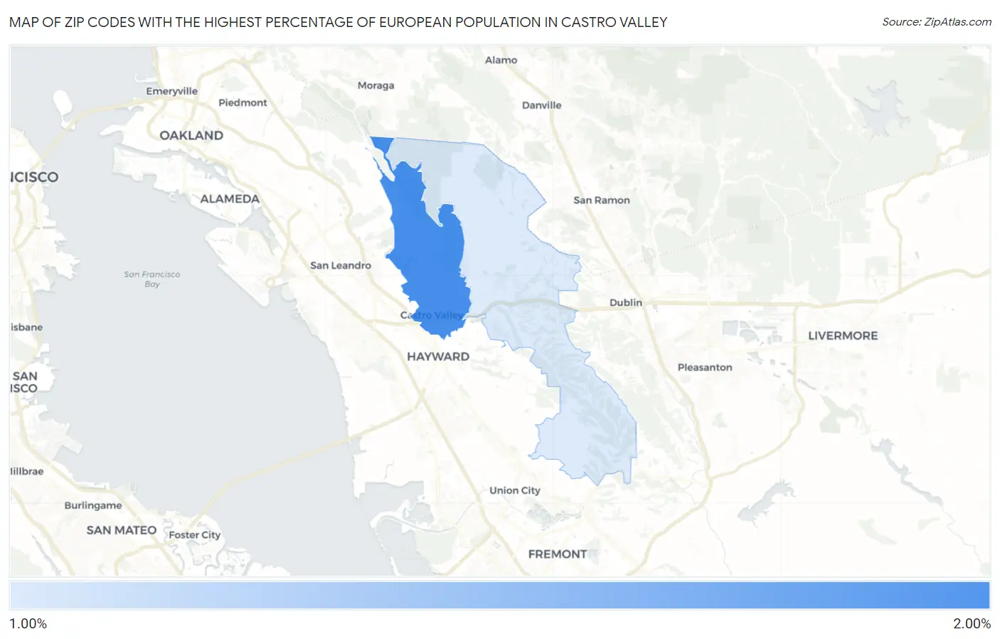 Zip Codes with the Highest Percentage of European Population in Castro Valley Map