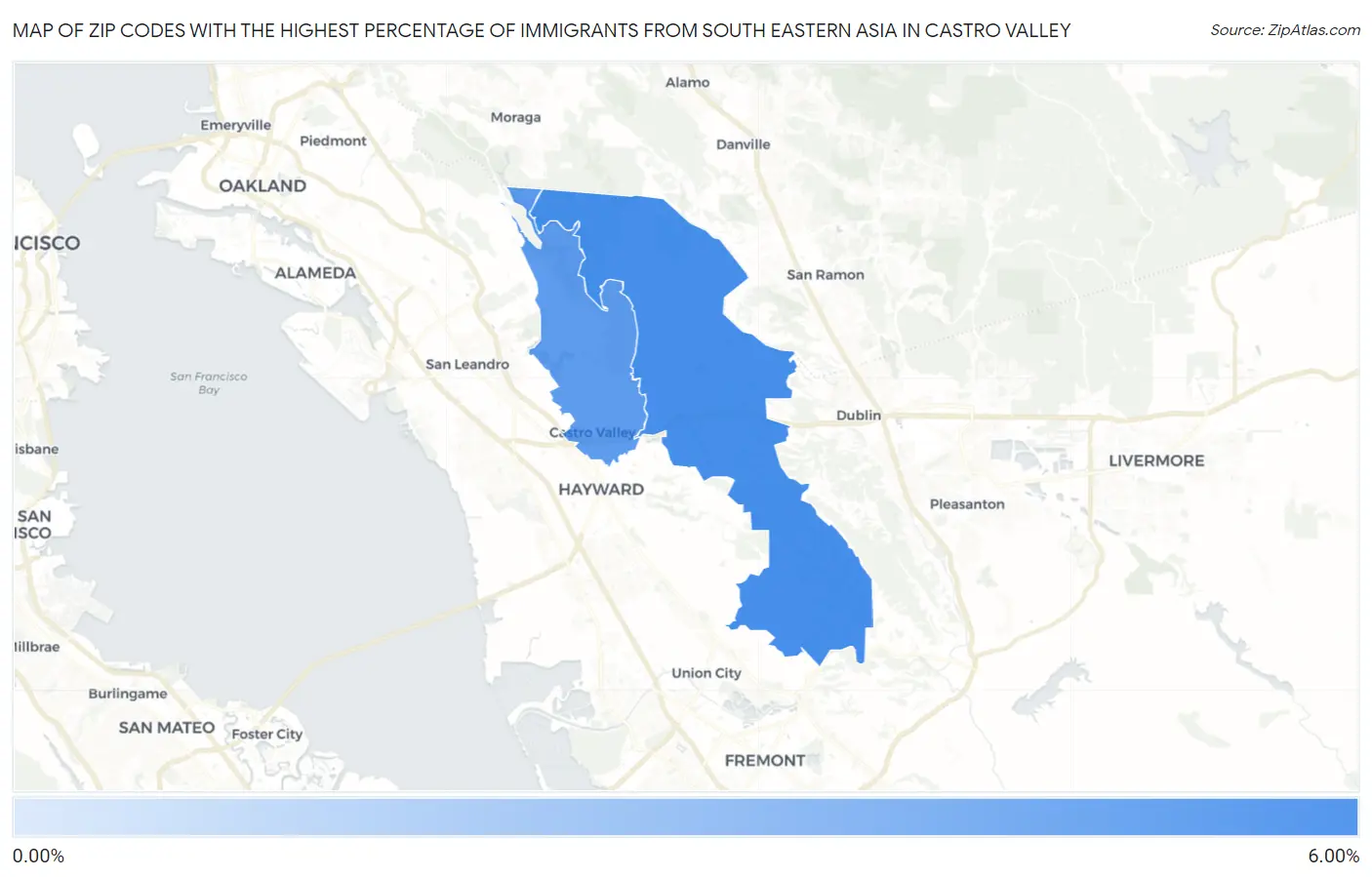 Zip Codes with the Highest Percentage of Immigrants from South Eastern Asia in Castro Valley Map