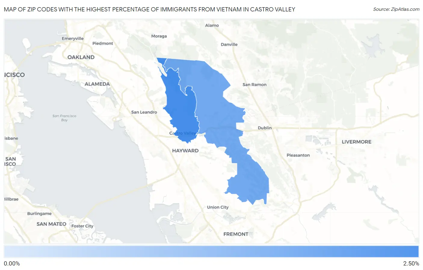 Zip Codes with the Highest Percentage of Immigrants from Vietnam in Castro Valley Map