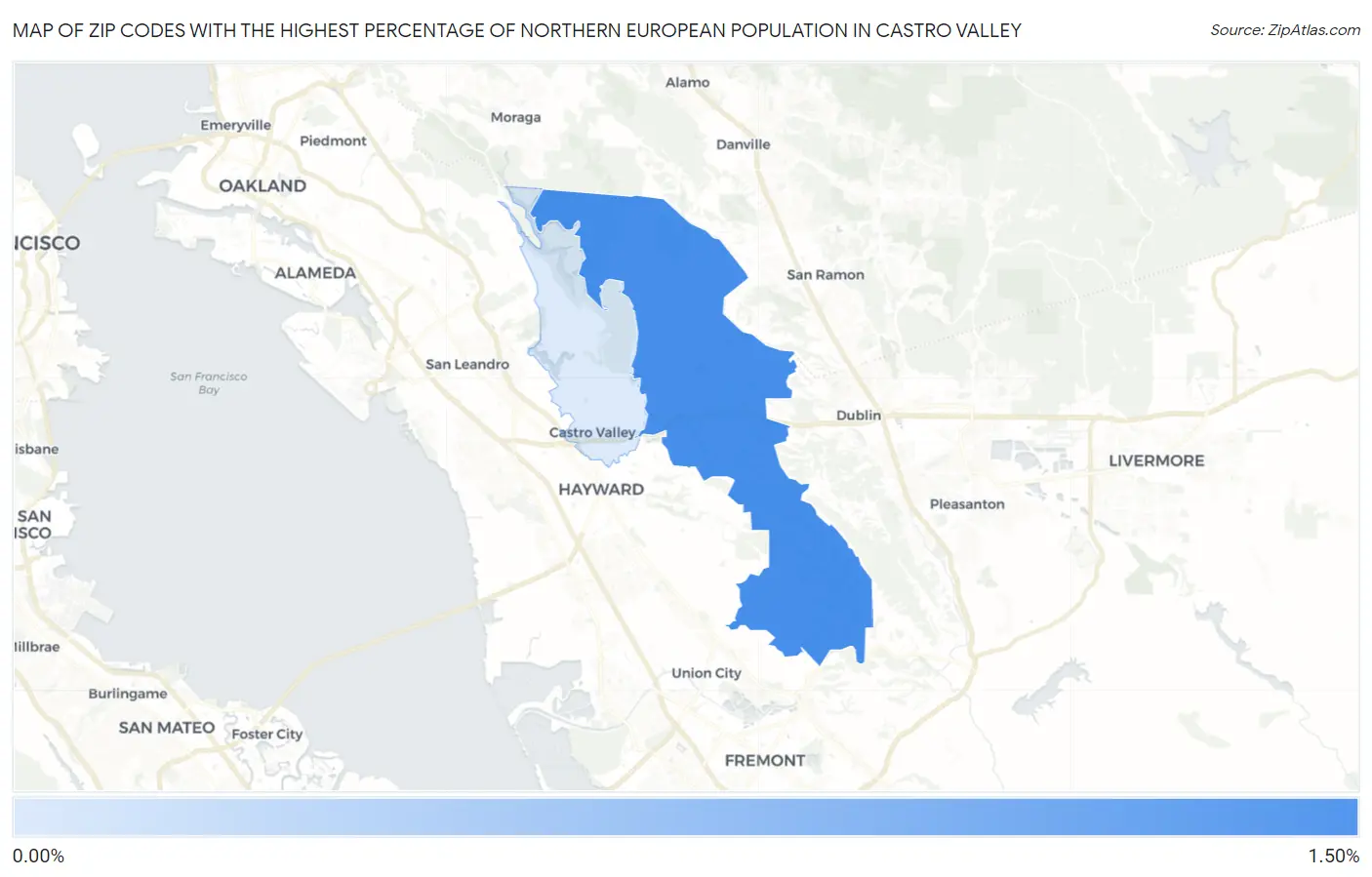 Zip Codes with the Highest Percentage of Northern European Population in Castro Valley Map