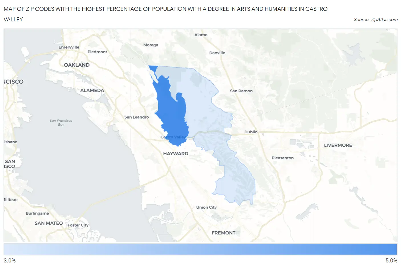 Zip Codes with the Highest Percentage of Population with a Degree in Arts and Humanities in Castro Valley Map