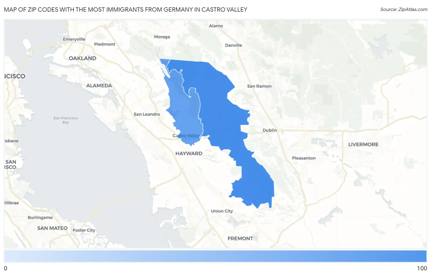 Zip Codes with the Most Immigrants from Germany in Castro Valley Map