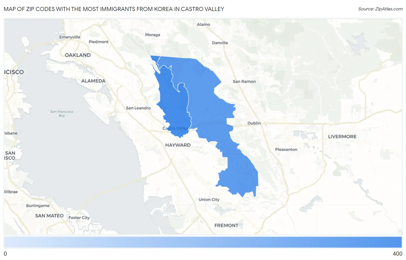 Zip Codes with the Most Immigrants from Korea in Castro Valley Map
