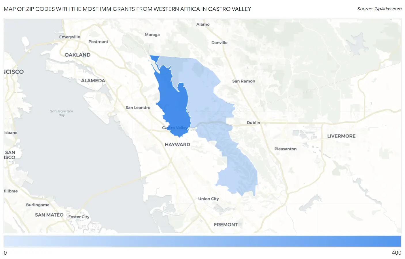 Zip Codes with the Most Immigrants from Western Africa in Castro Valley Map