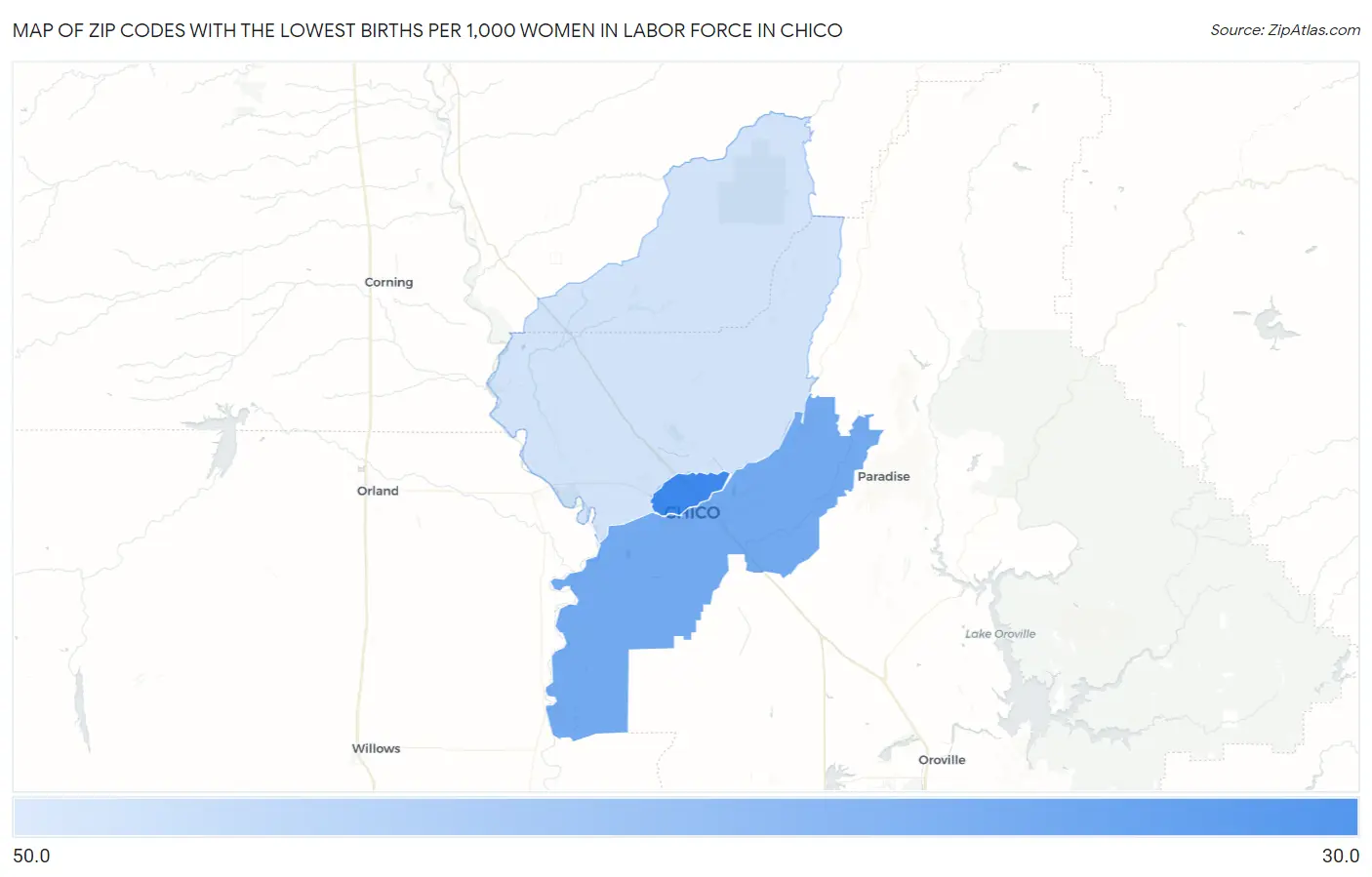 Zip Codes with the Lowest Births per 1,000 Women in Labor Force in Chico Map