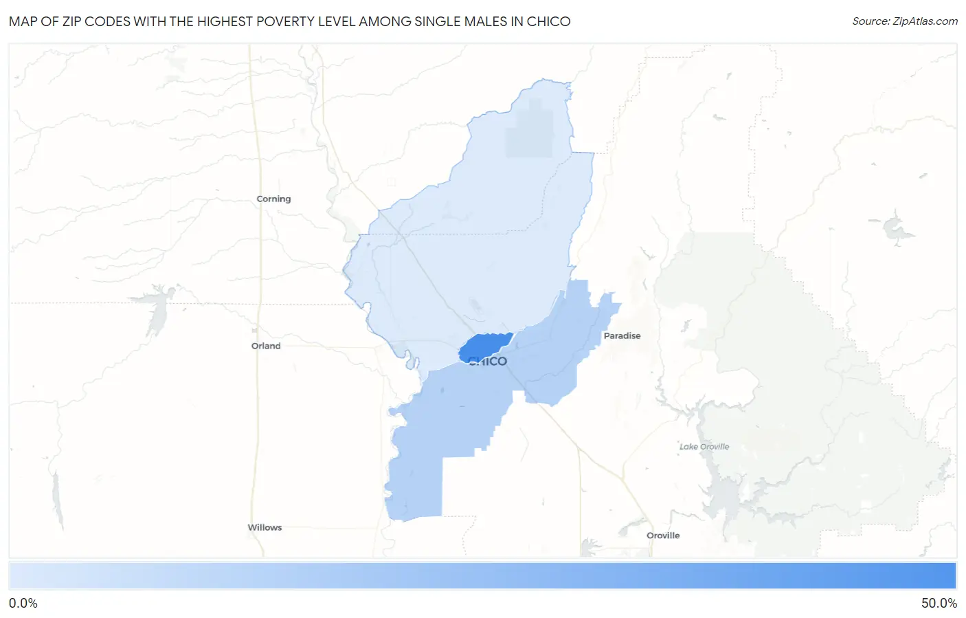 Zip Codes with the Highest Poverty Level Among Single Males in Chico Map
