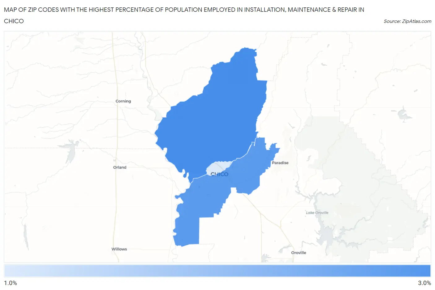 Zip Codes with the Highest Percentage of Population Employed in Installation, Maintenance & Repair in Chico Map