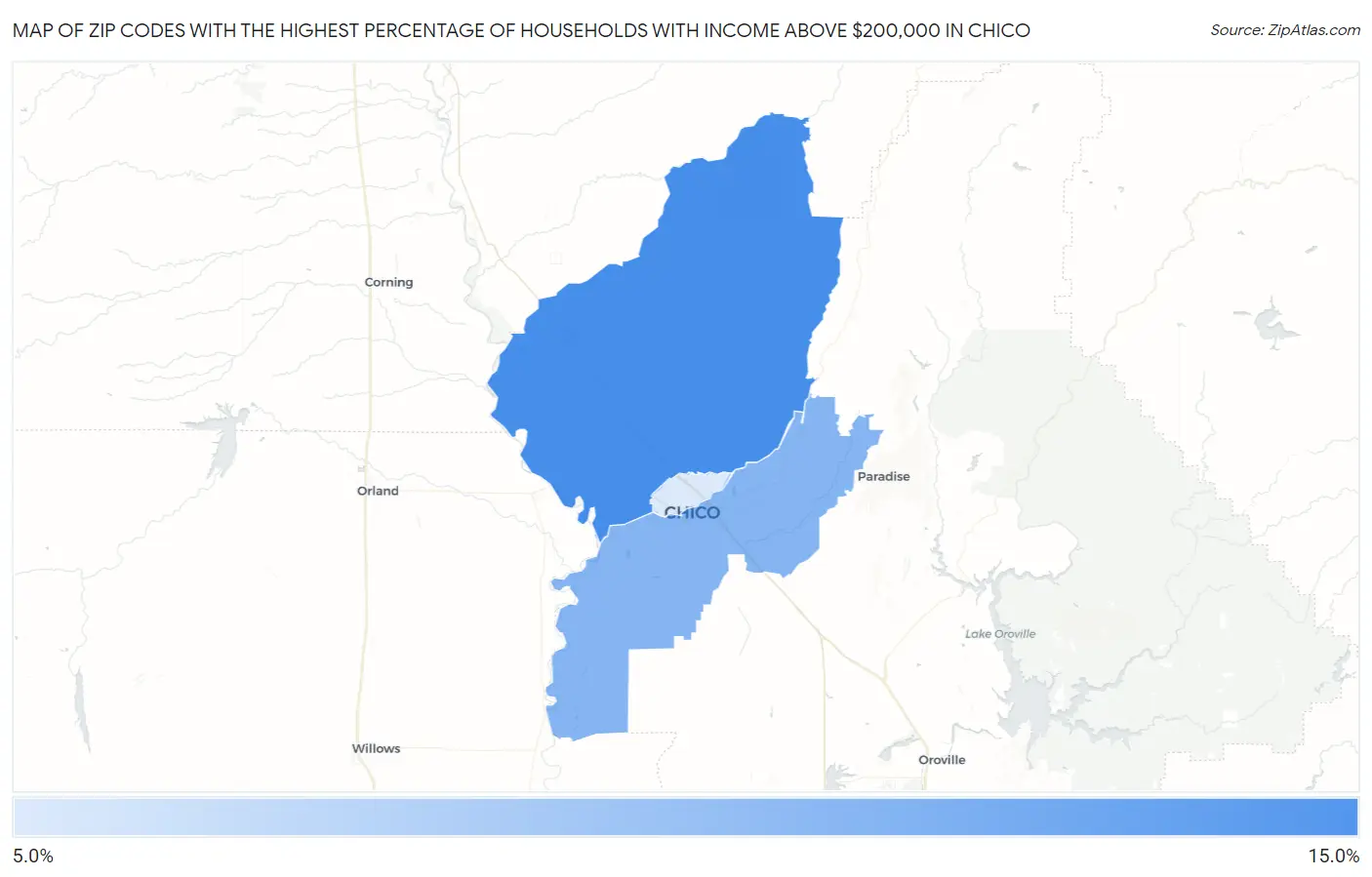 Zip Codes with the Highest Percentage of Households with Income Above $200,000 in Chico Map