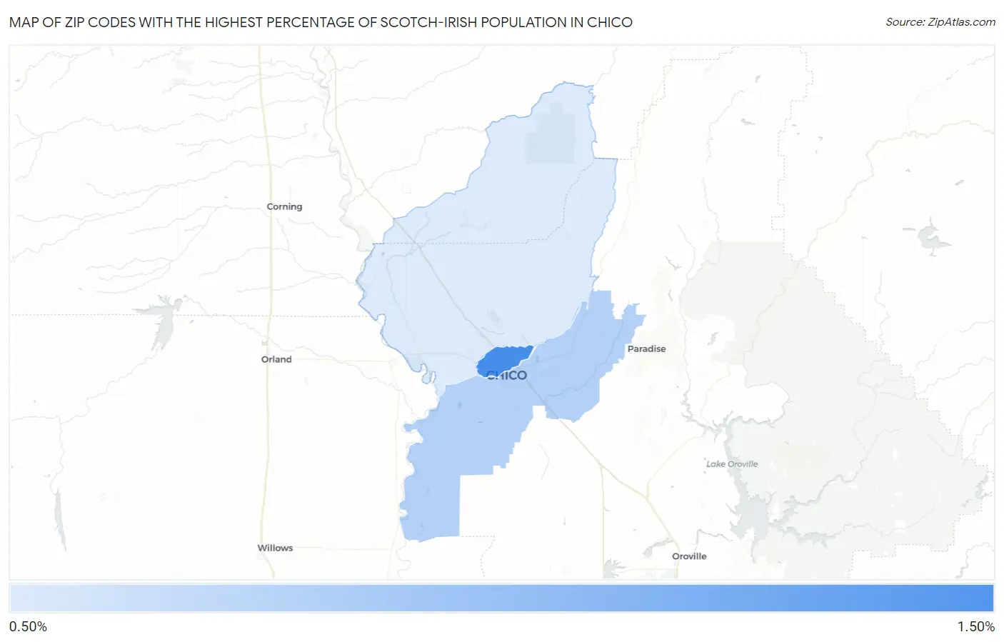 Zip Codes with the Highest Percentage of Scotch-Irish Population in Chico Map