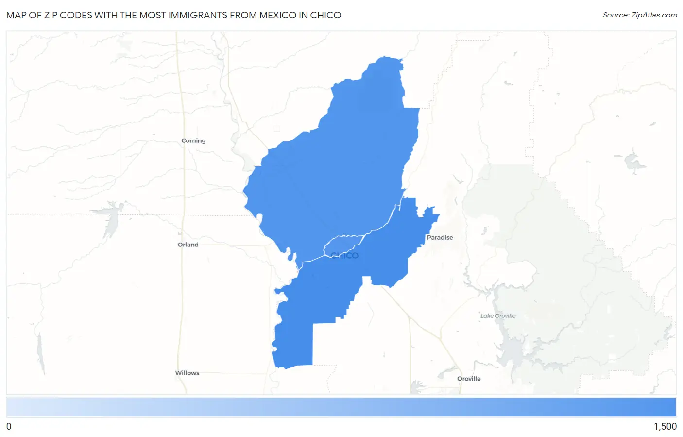 Zip Codes with the Most Immigrants from Mexico in Chico Map