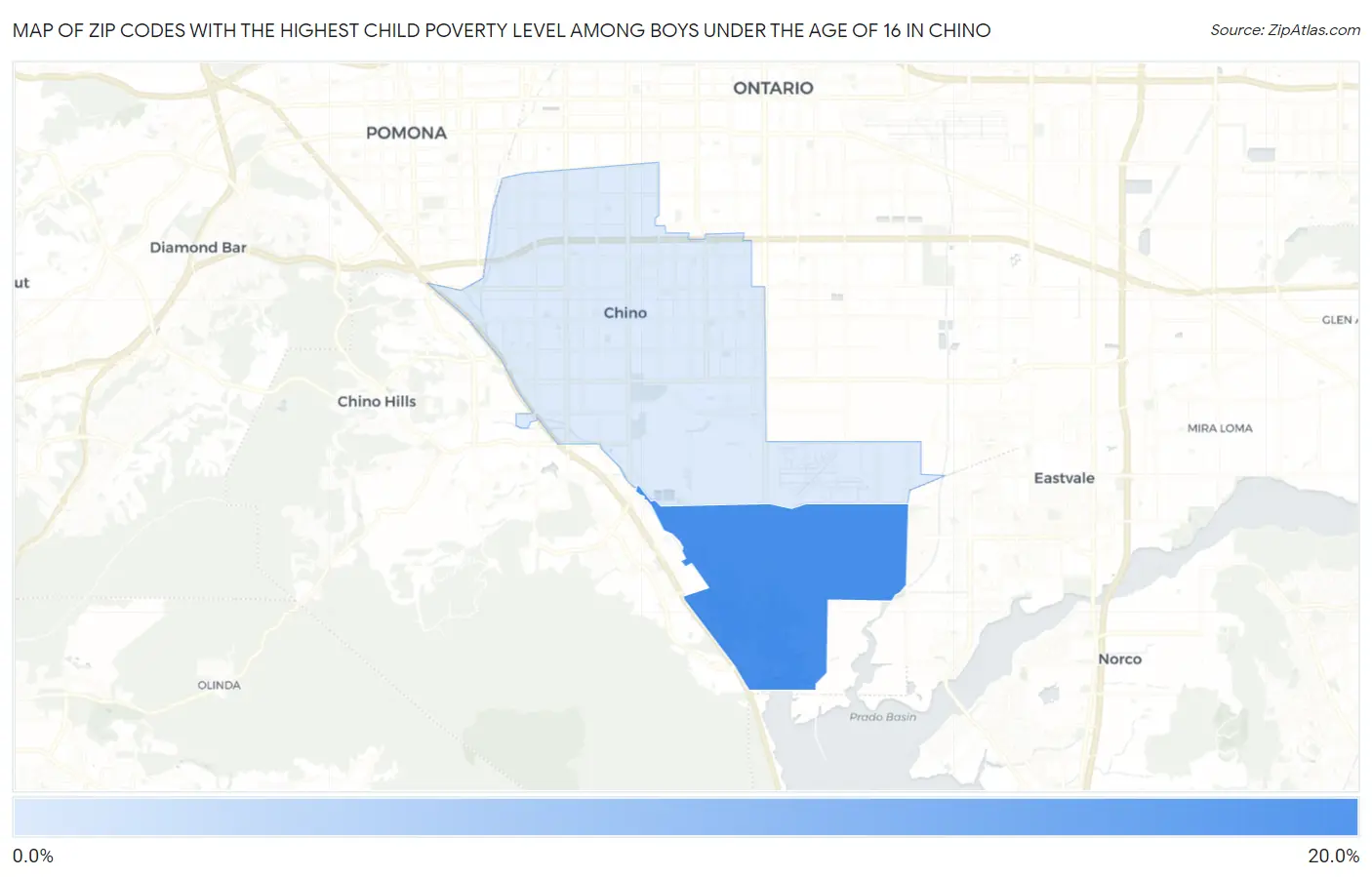 Zip Codes with the Highest Child Poverty Level Among Boys Under the Age of 16 in Chino Map