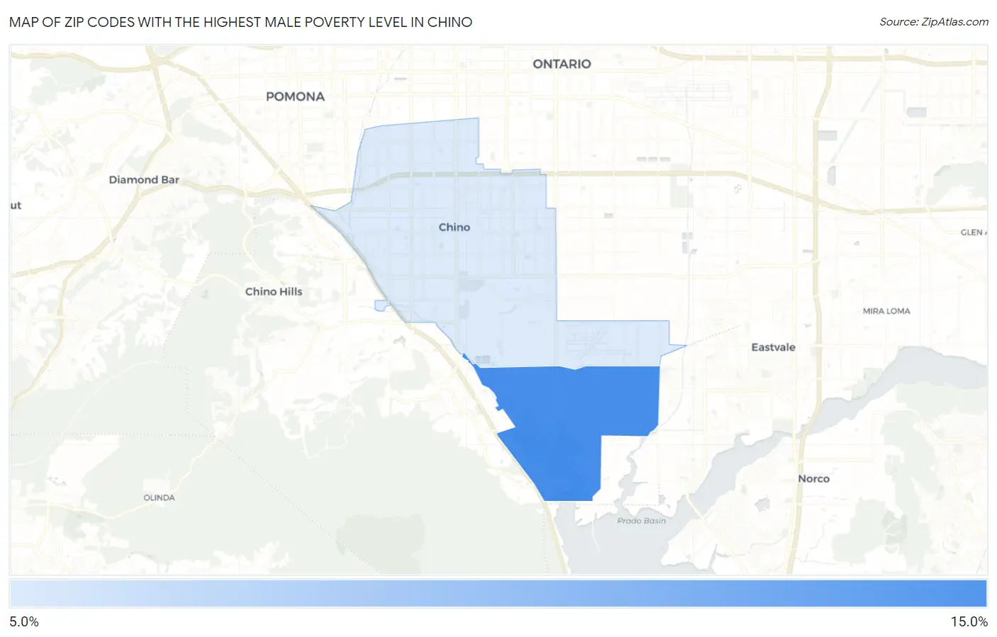 Zip Codes with the Highest Male Poverty Level in Chino Map