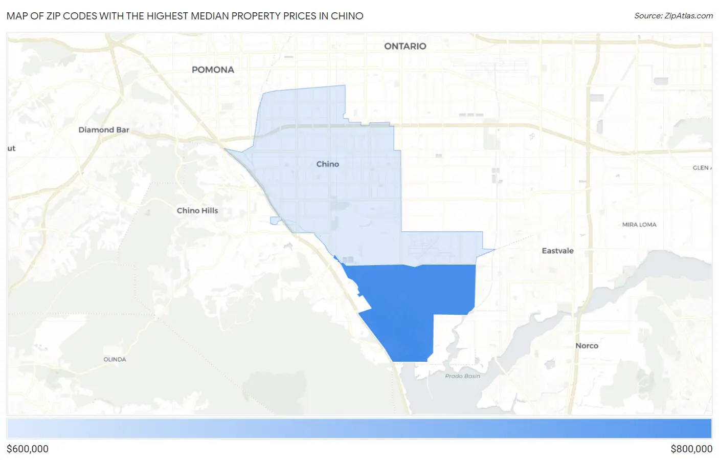 Zip Codes with the Highest Median Property Prices in Chino Map