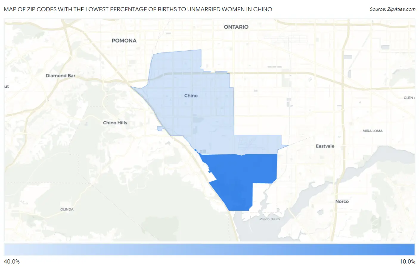 Zip Codes with the Lowest Percentage of Births to Unmarried Women in Chino Map