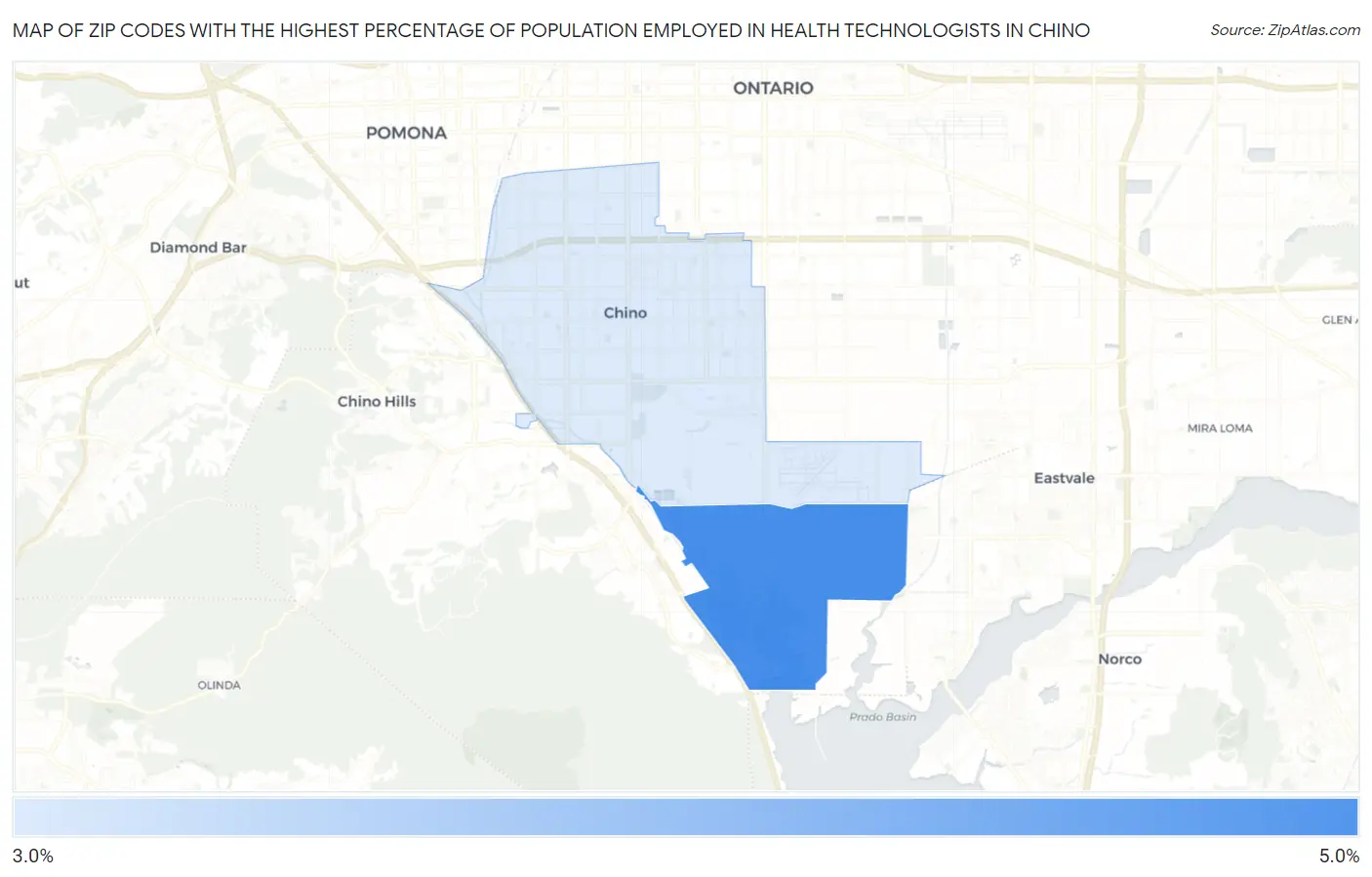 Zip Codes with the Highest Percentage of Population Employed in Health Technologists in Chino Map