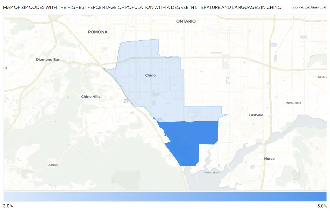 Zip Codes with the Highest Percentage of Population with a Degree in Literature and Languages in Chino Map