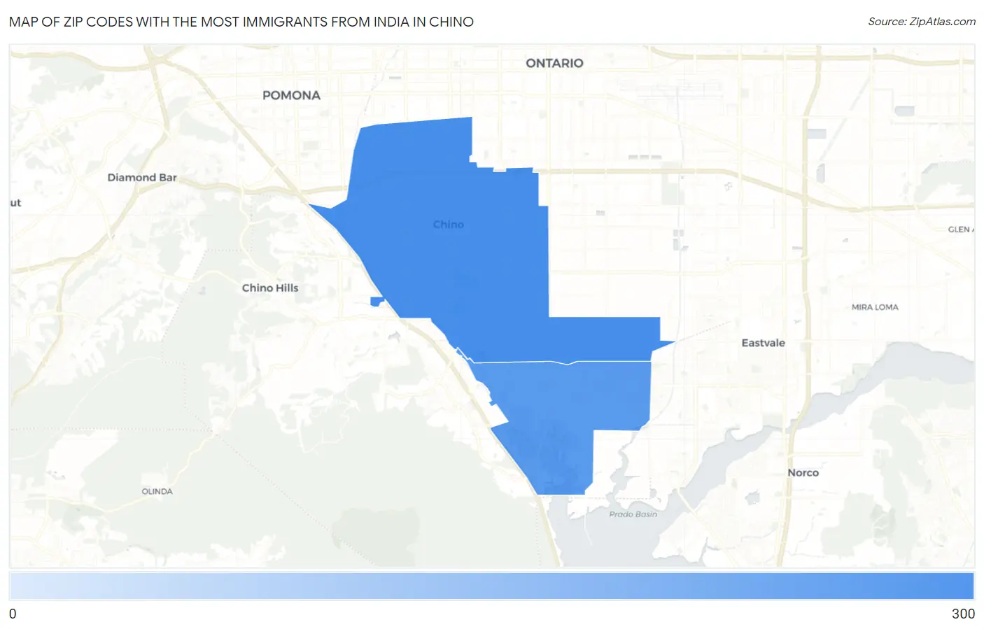 Zip Codes with the Most Immigrants from India in Chino Map