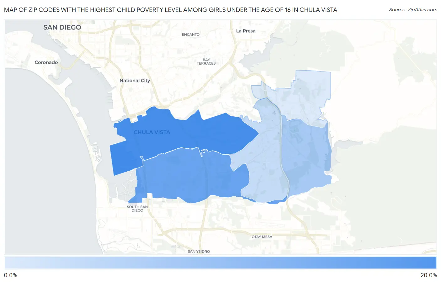 Zip Codes with the Highest Child Poverty Level Among Girls Under the Age of 16 in Chula Vista Map