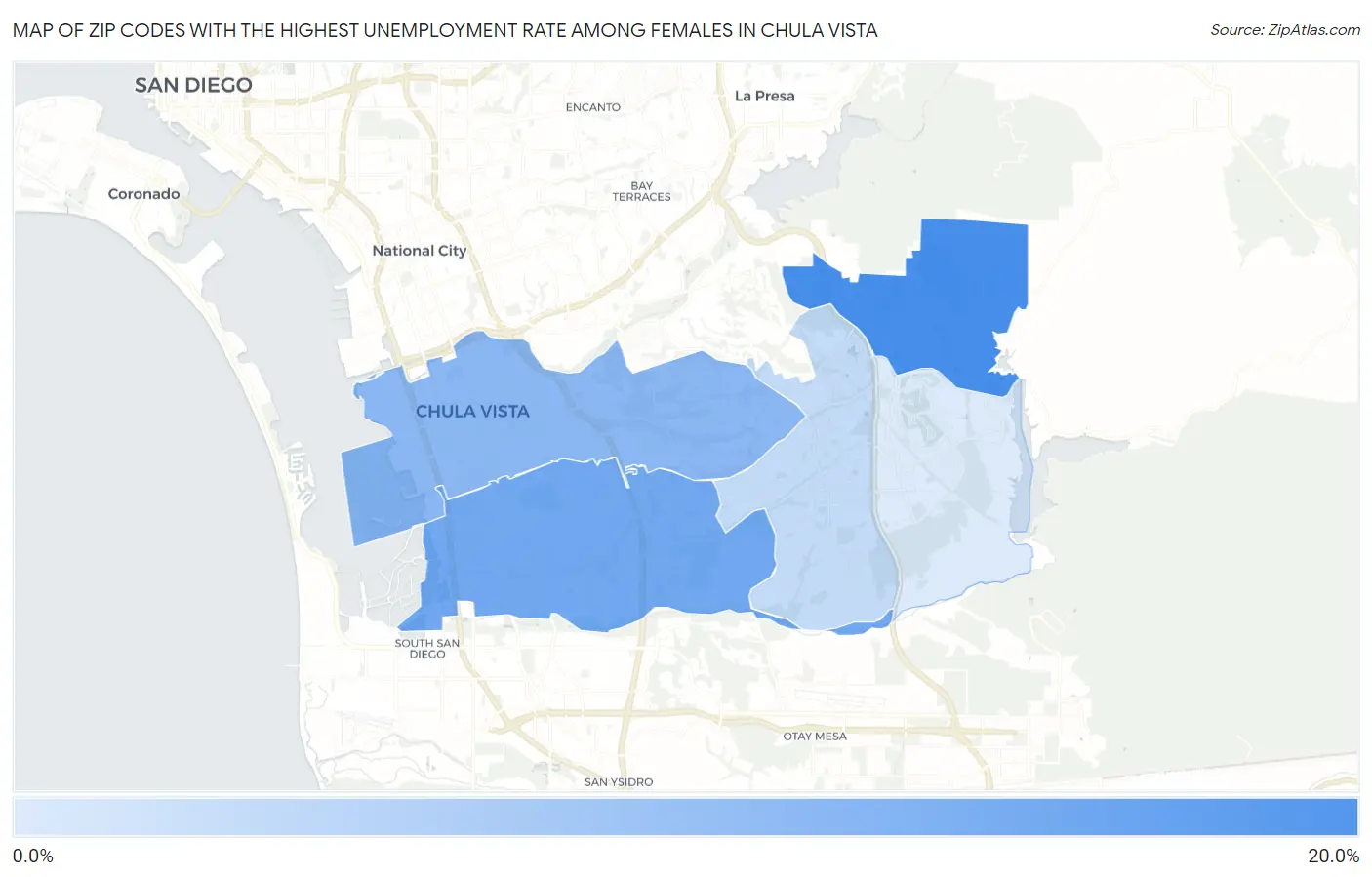 Zip Codes with the Highest Unemployment Rate Among Females in Chula Vista Map