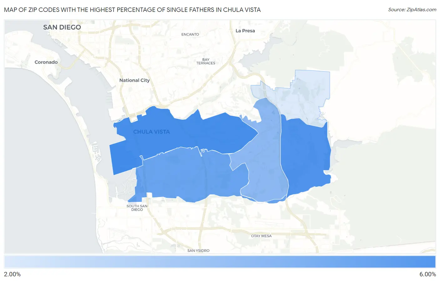 Zip Codes with the Highest Percentage of Single Fathers in Chula Vista Map