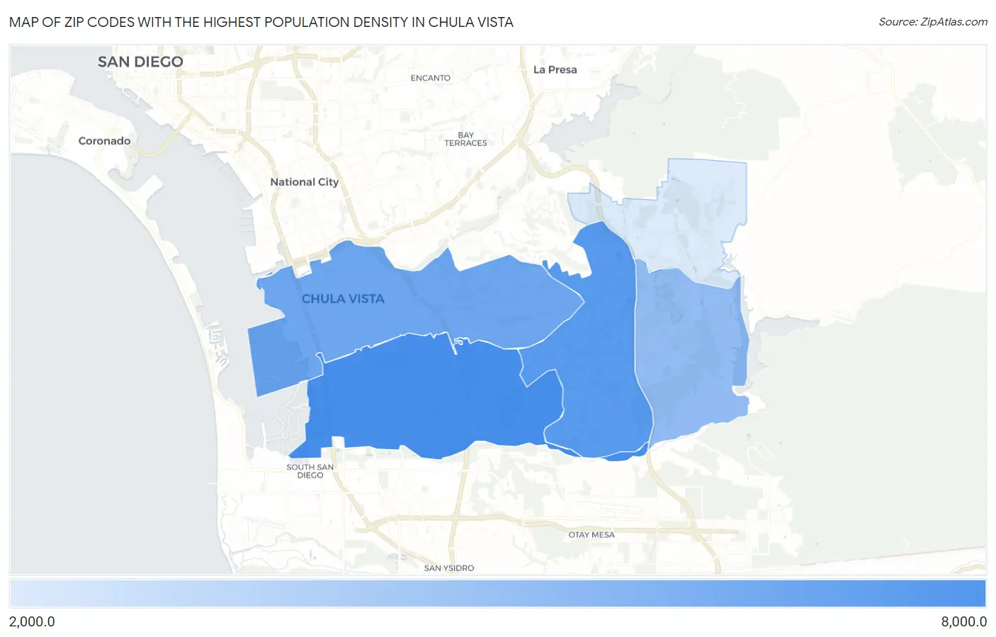 Zip Codes with the Highest Population Density in Chula Vista Map