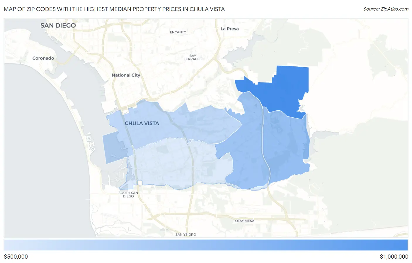 Zip Codes with the Highest Median Property Prices in Chula Vista Map