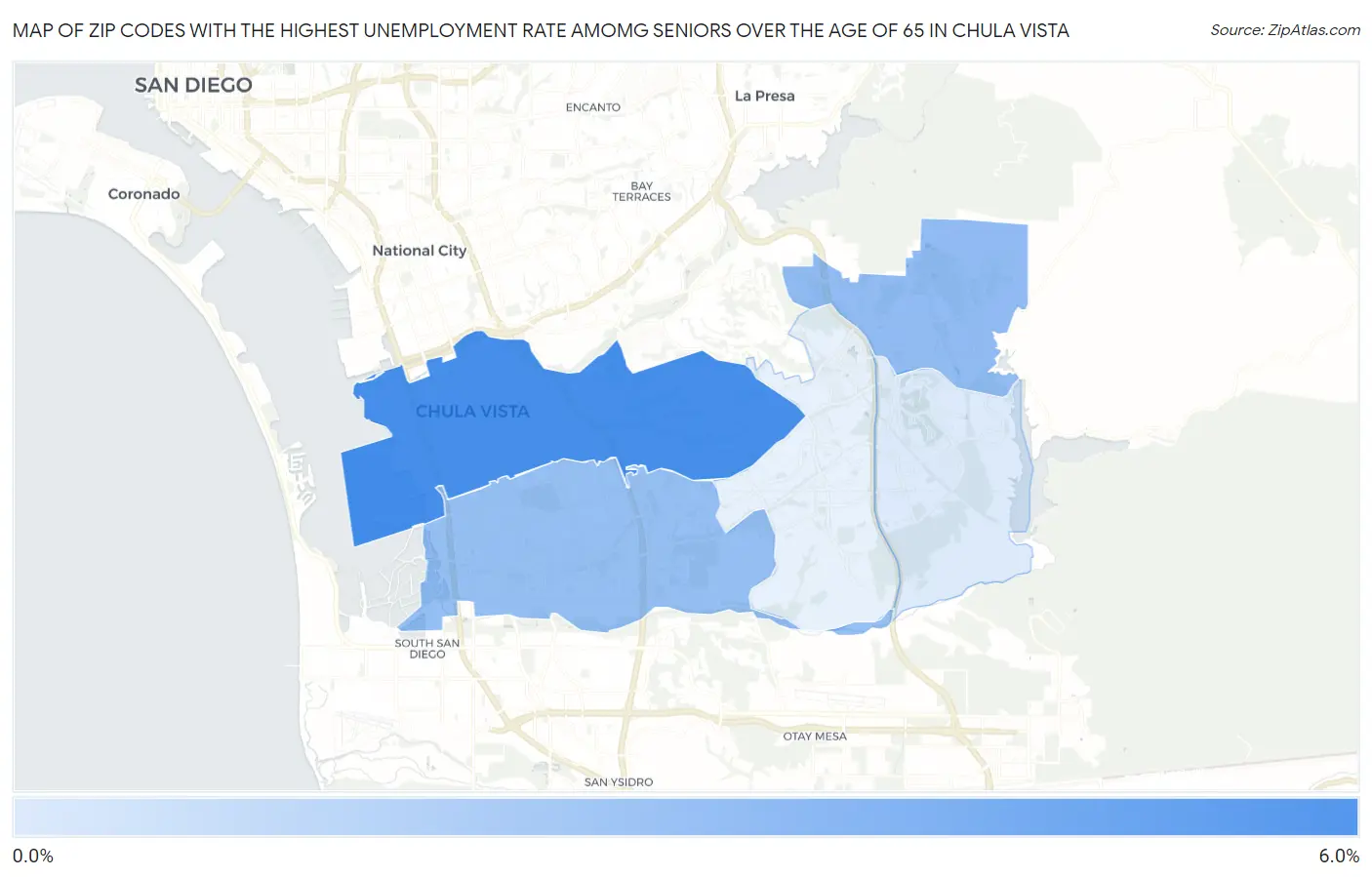 Zip Codes with the Highest Unemployment Rate Amomg Seniors Over the Age of 65 in Chula Vista Map