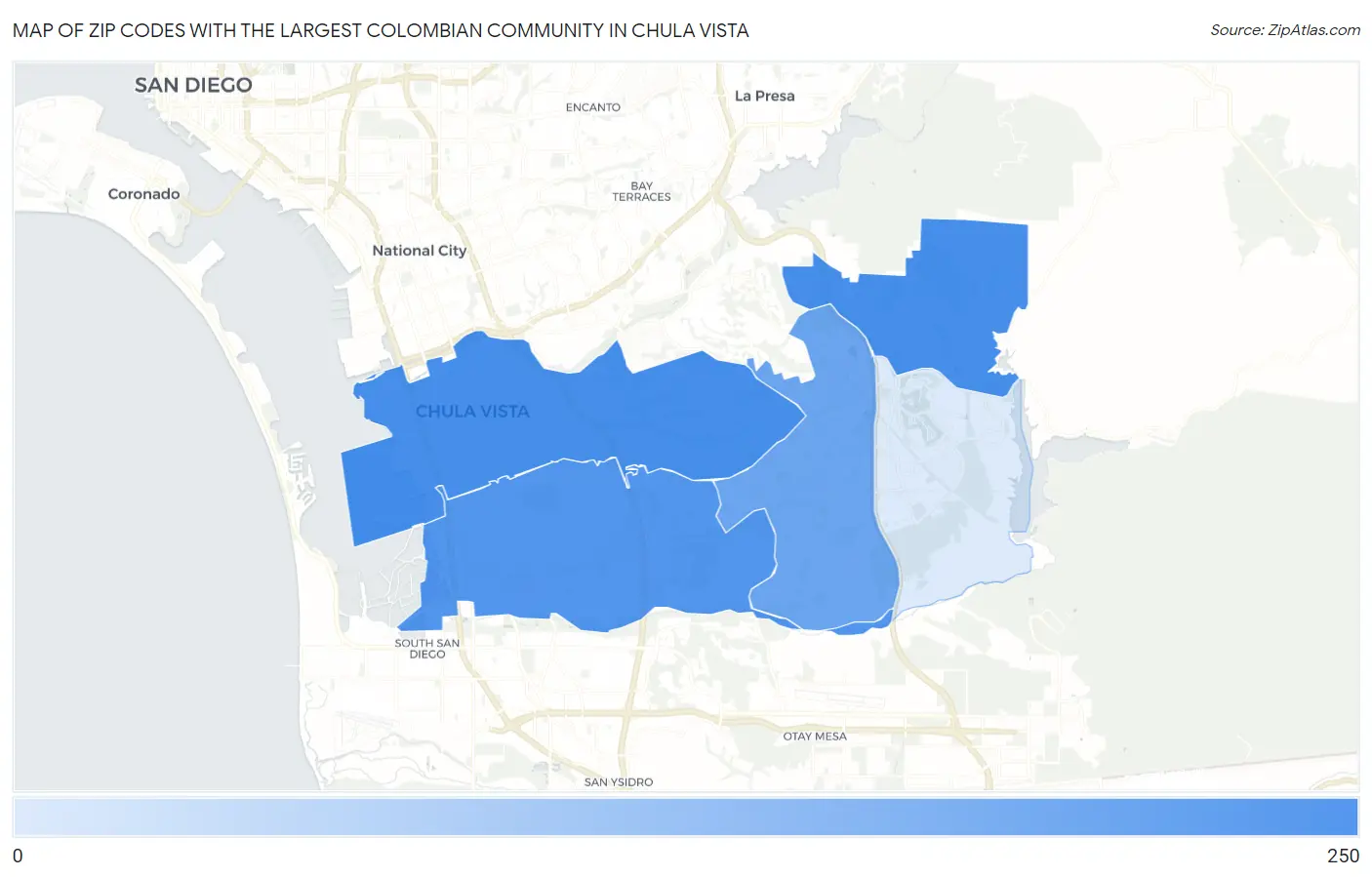 Zip Codes with the Largest Colombian Community in Chula Vista Map
