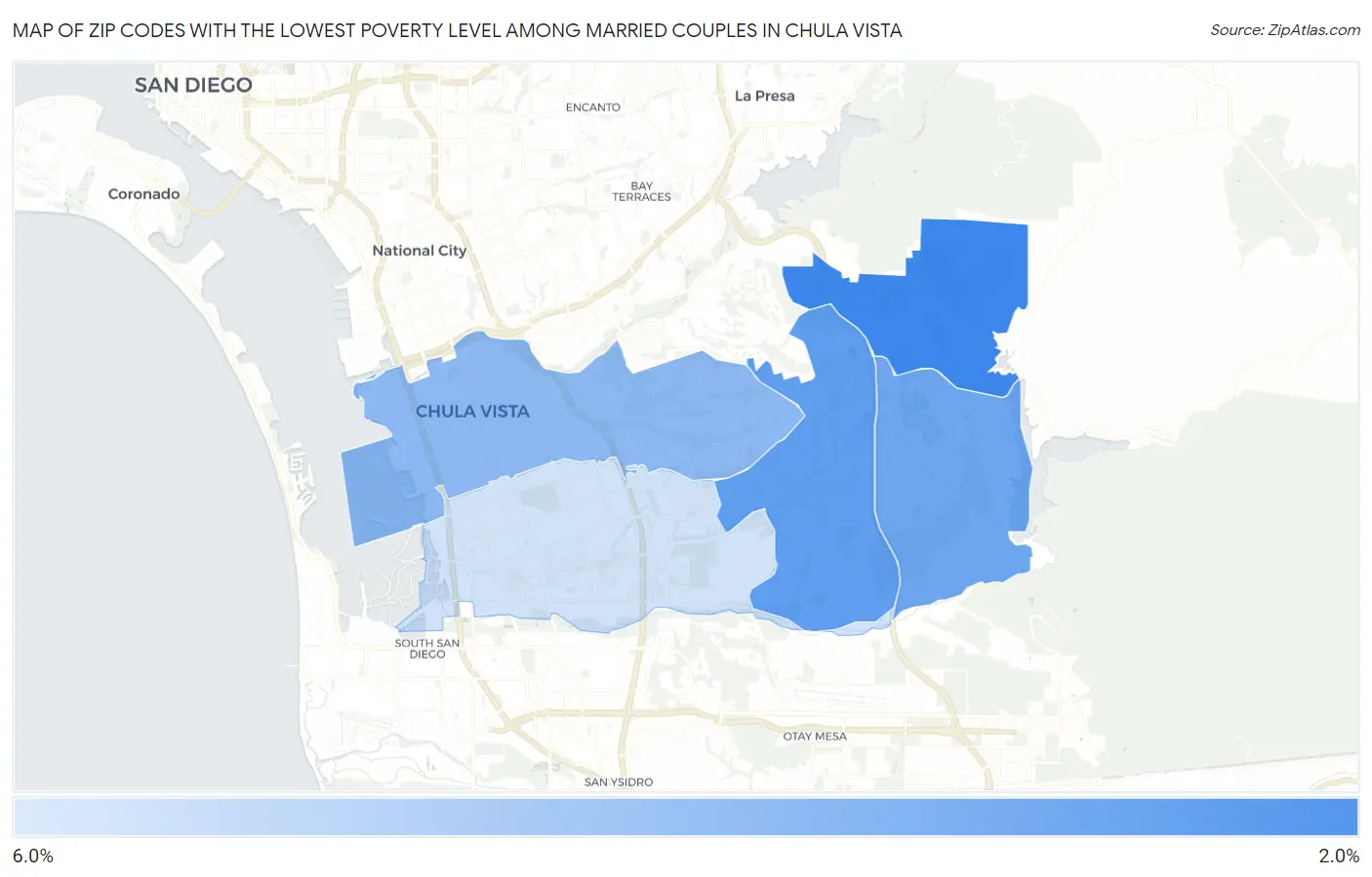 Zip Codes with the Lowest Poverty Level Among Married Couples in Chula Vista Map