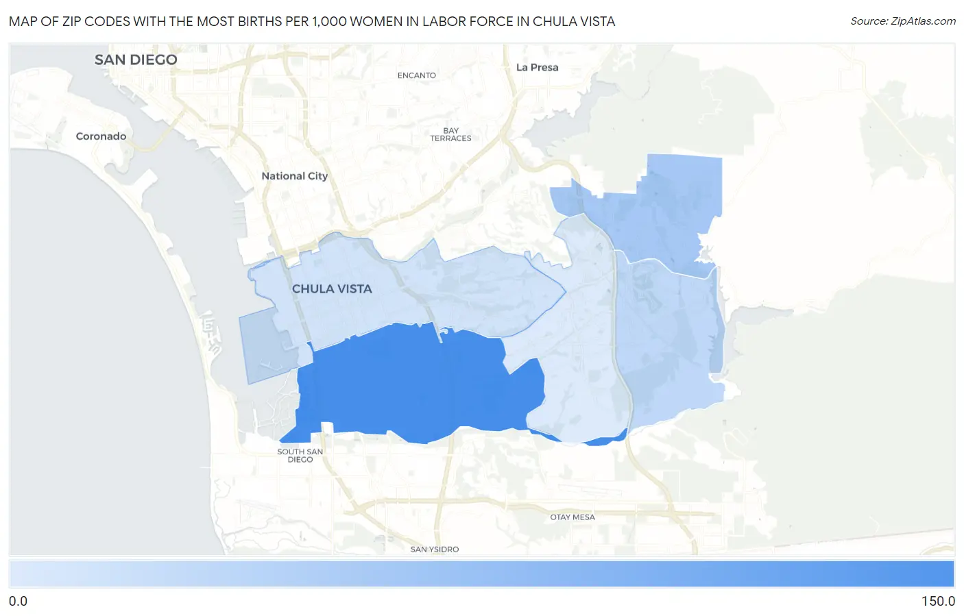 Zip Codes with the Most Births per 1,000 Women in Labor Force in Chula Vista Map