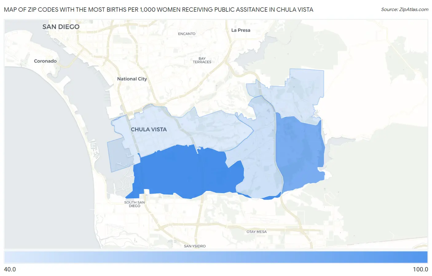 Zip Codes with the Most Births per 1,000 Women Receiving Public Assitance in Chula Vista Map