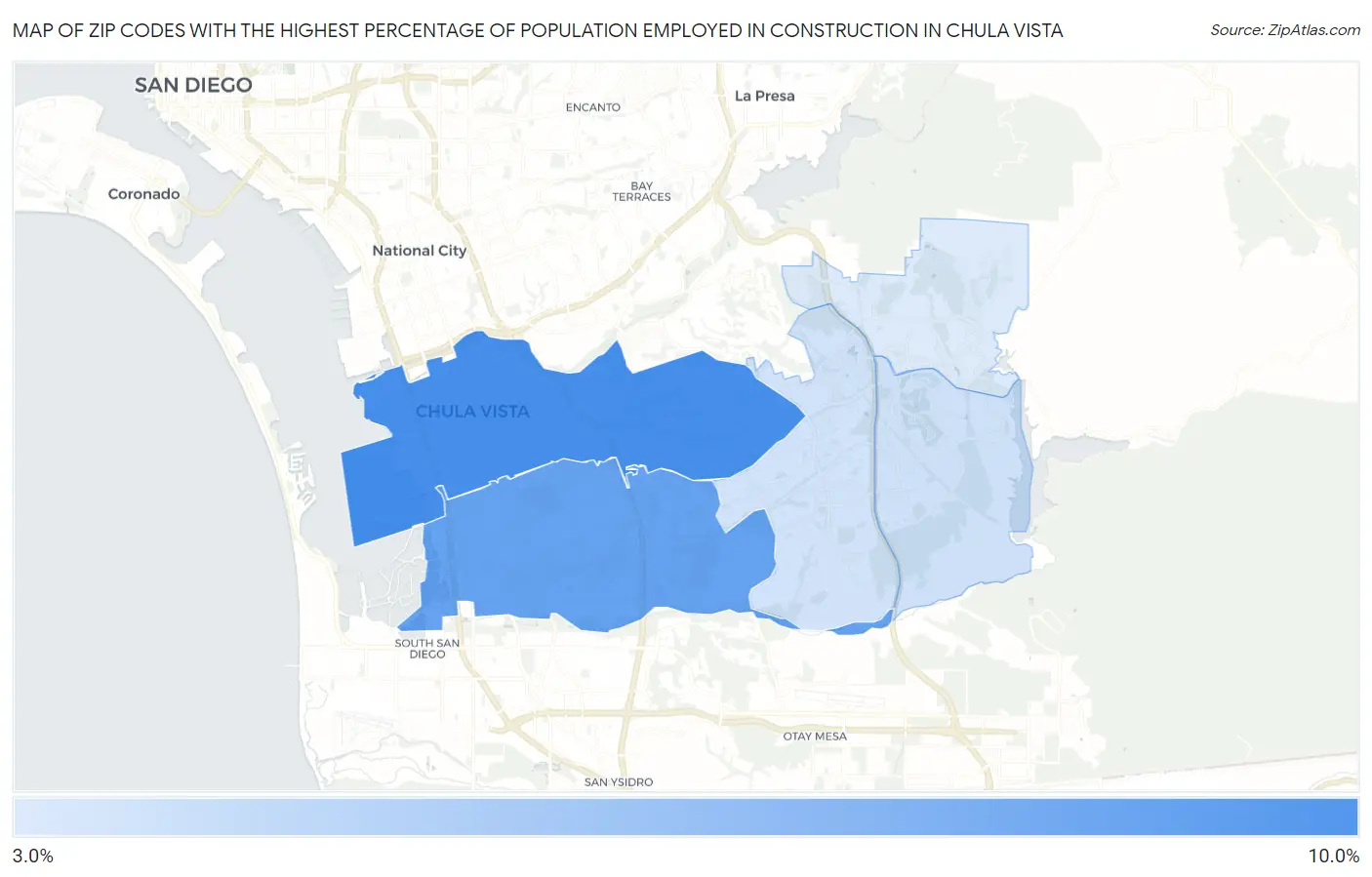 Zip Codes with the Highest Percentage of Population Employed in Construction in Chula Vista Map