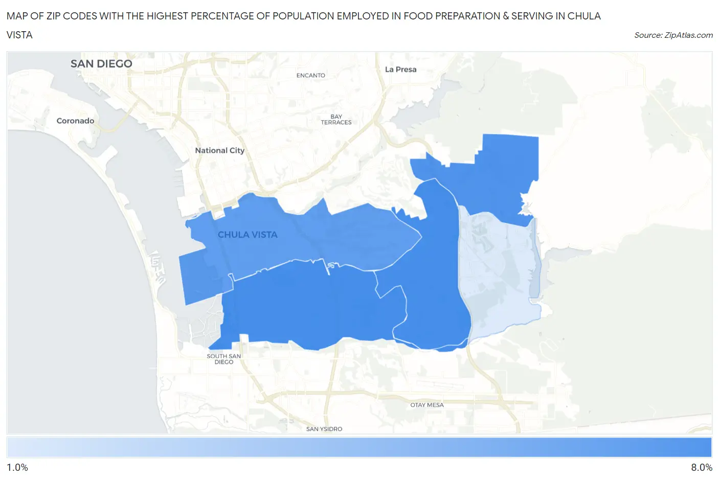 Zip Codes with the Highest Percentage of Population Employed in Food Preparation & Serving in Chula Vista Map