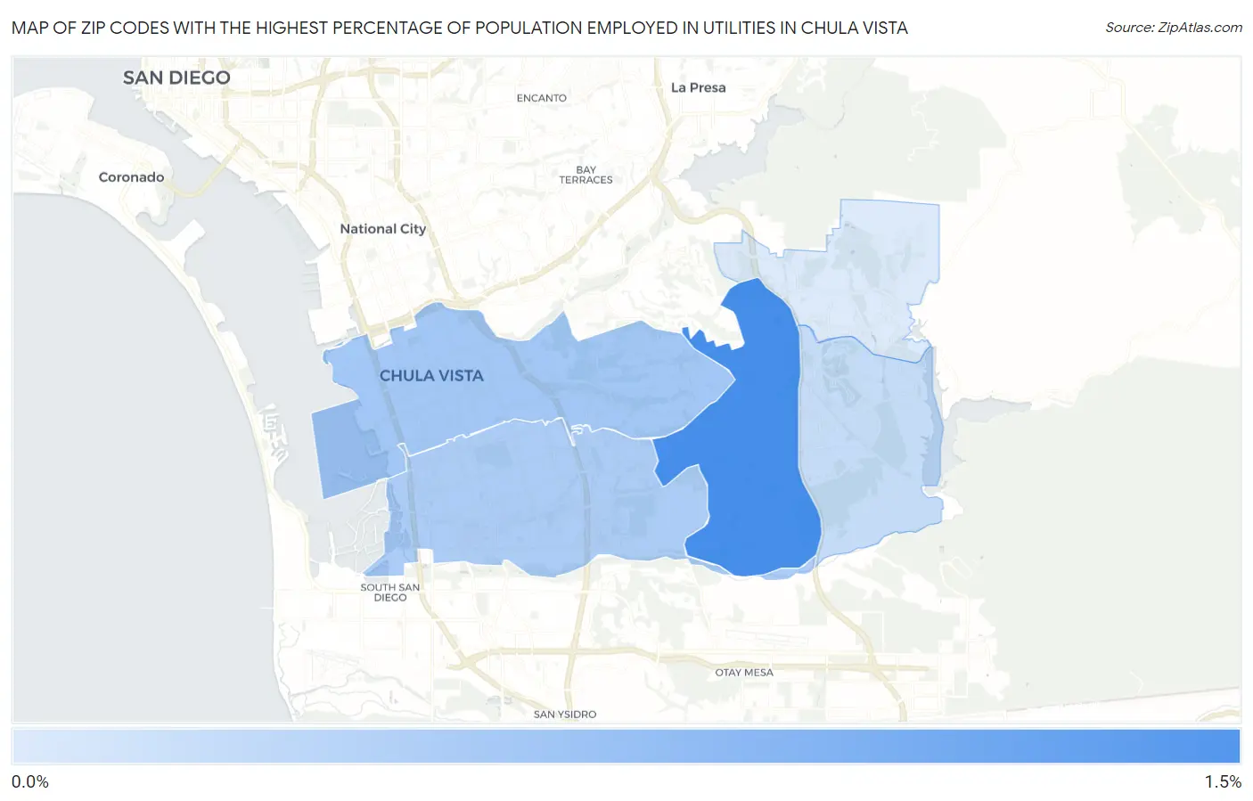 Zip Codes with the Highest Percentage of Population Employed in Utilities in Chula Vista Map