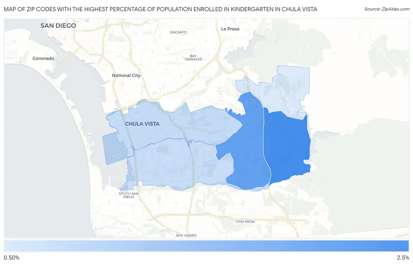 Zip Codes with the Highest Percentage of Population Enrolled in Kindergarten in Chula Vista Map